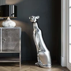 Dekoracja Stojąca Sitting Leopard 68x150 Cm Srebrna*KARE Design Outlet