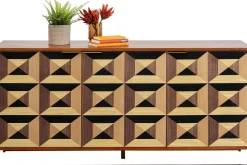 Komoda 3-drzwiowa Fornir Orzechowy Nogi Złote Stalowe 160x78 Cm Front Efekt 3D*KARE Design New