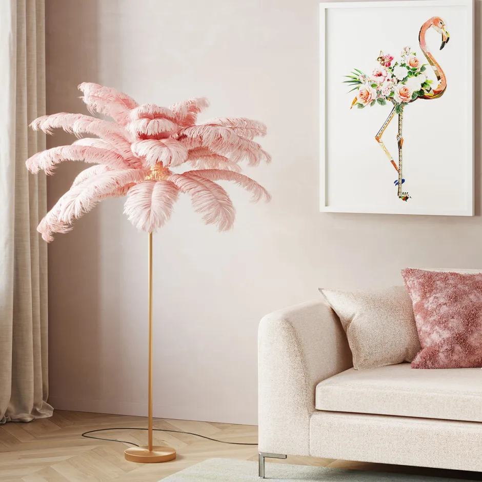 Lampa Podłogowa Palma Różowa Strusie Pióra 165 Cm Podstawa Złota*KARE Design Sale