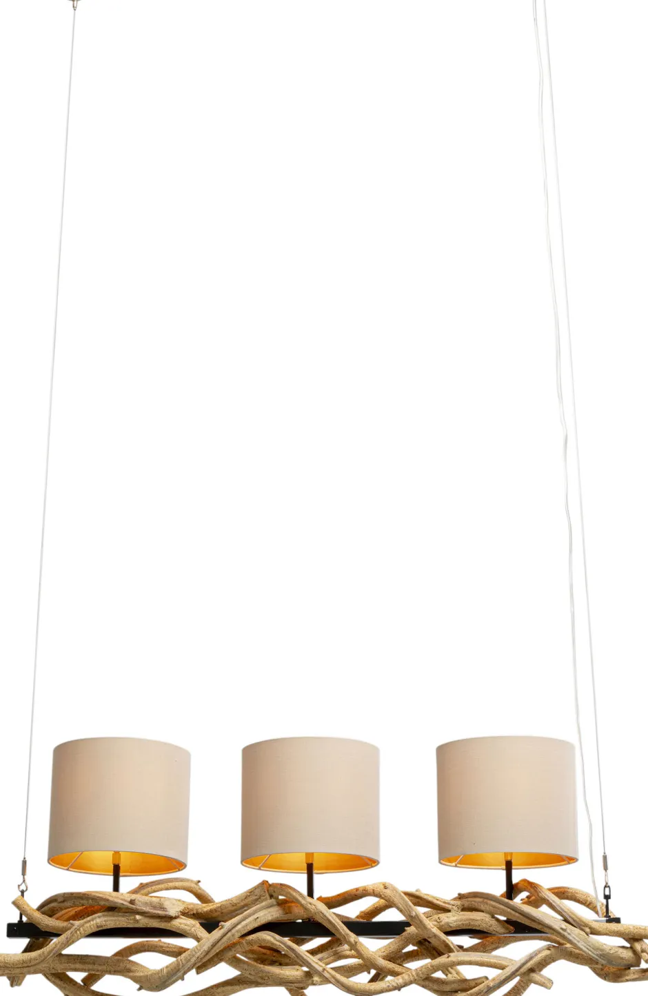 Lampa Wisząca Drewno Naturalne I Stal Czarna 115 Cm Klosze Lniane Beżowe*KARE Design Outlet