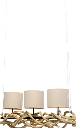 Lampa Wisząca Drewno Naturalne I Stal Czarna 115 Cm Klosze Lniane Beżowe*KARE Design Outlet