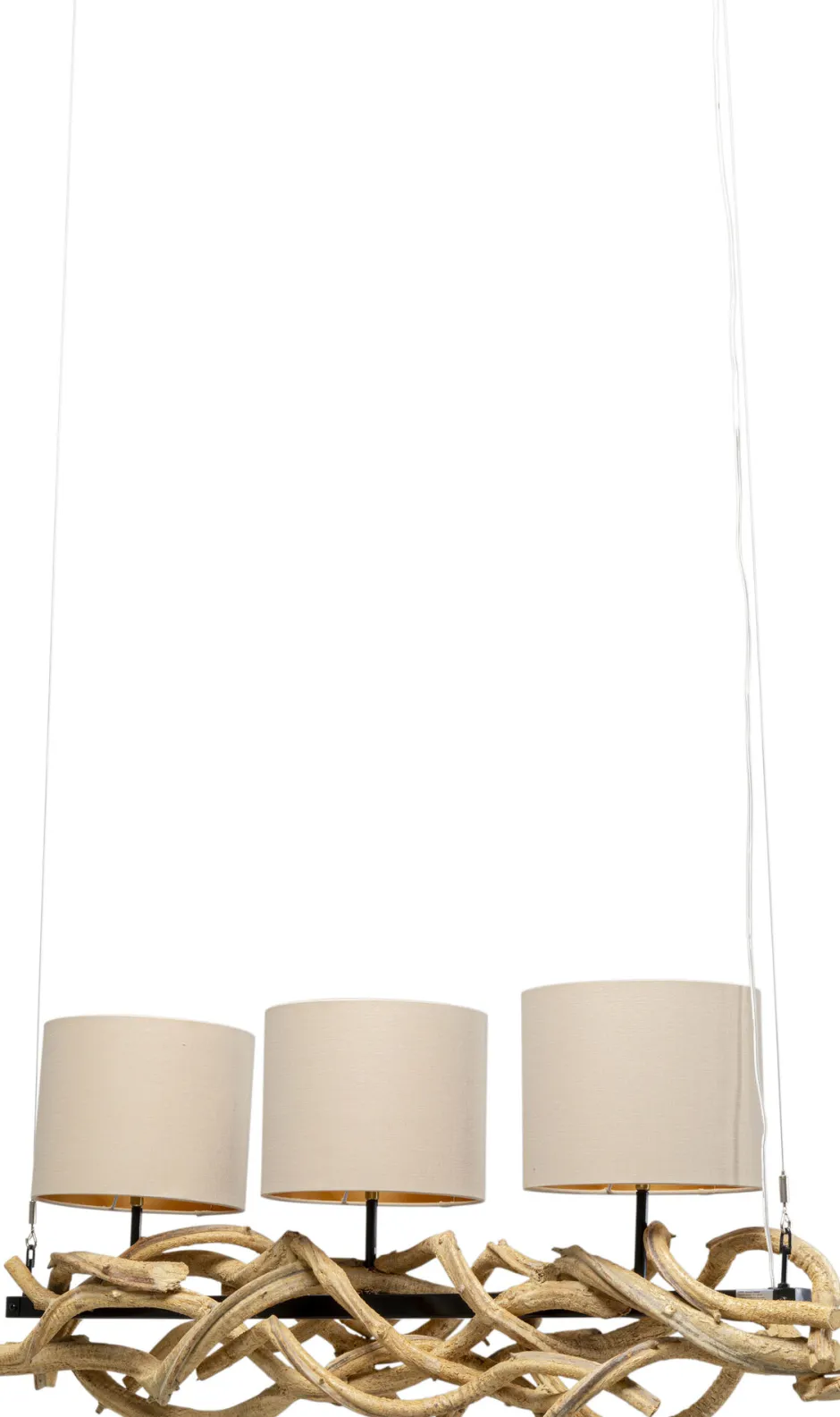 Lampa Wisząca Drewno Naturalne I Stal Czarna 115 Cm Klosze Lniane Beżowe*KARE Design Outlet