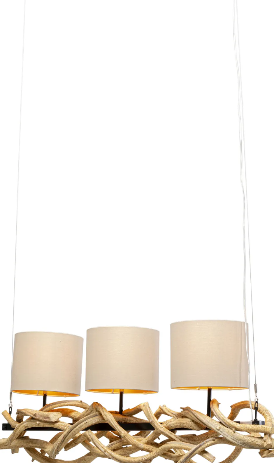 Lampa Wisząca Drewno Naturalne I Stal Czarna 115 Cm Klosze Lniane Beżowe*KARE Design Outlet