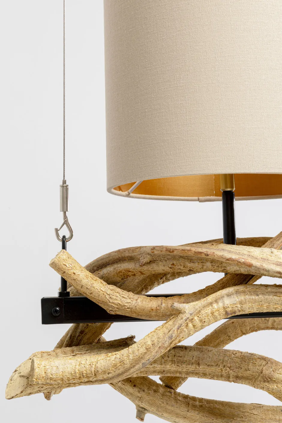 Lampa Wisząca Drewno Naturalne I Stal Czarna 115 Cm Klosze Lniane Beżowe*KARE Design Outlet