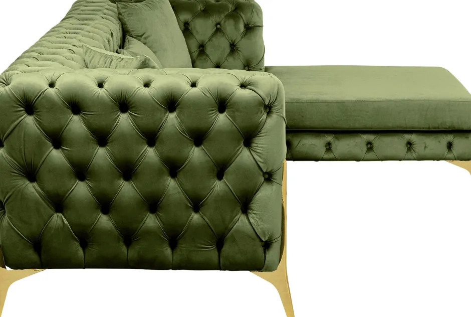 Narożnik Prawy Welurowy Pikowany Zielony Glamour 240x180 Cm Nogi Złote*KARE Design Sale