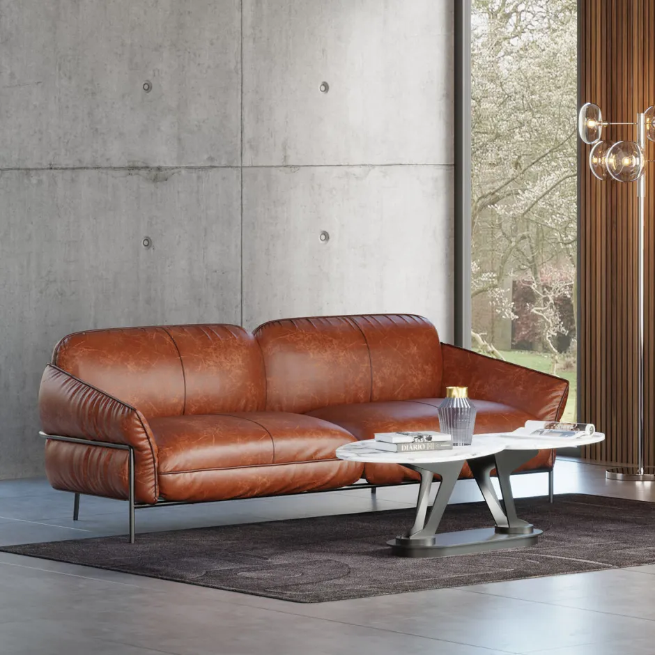 Sofa Ekskluzywna 3-osobowa Brązowa Skóra Semianilinowa Nogi Czarne 226 Cm*KARE Design Sale