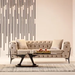 Sofa 2-osobowa Welurowa Pikowana Beżowa Nogi Czarne 200 Cm*KARE Design Hot