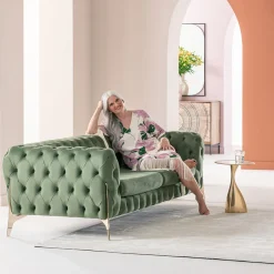 Sofa 2-osobowa Welurowa Pikowana Zielona Nogi Złote 200 Cm*KARE Design Outlet