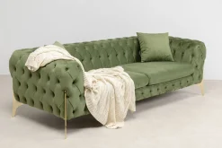 Sofa 3-osobowa Welurowa Pikowana Zielona Glamour 240 Cm Nogi Złote*KARE Design Hot