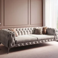 Sofa 3-osobowa Welurowa Pikowana Beżowa Glamour 240 Cm Nogi Czarne*KARE Design Best