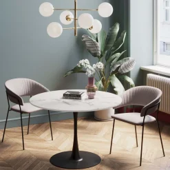Stół Do Jadalni Biały Blat MDF Imitacja Marmuru Noga Czarna Stalowa Ø110 Cm*KARE Design Sale