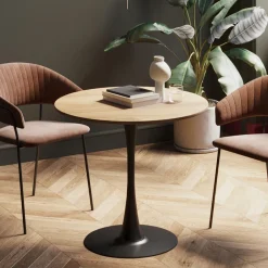 Stół Do Jadalni Blat MDF Kolor Dębowy Noga Stalowa Czarna Ø80 Cm*KARE Design
