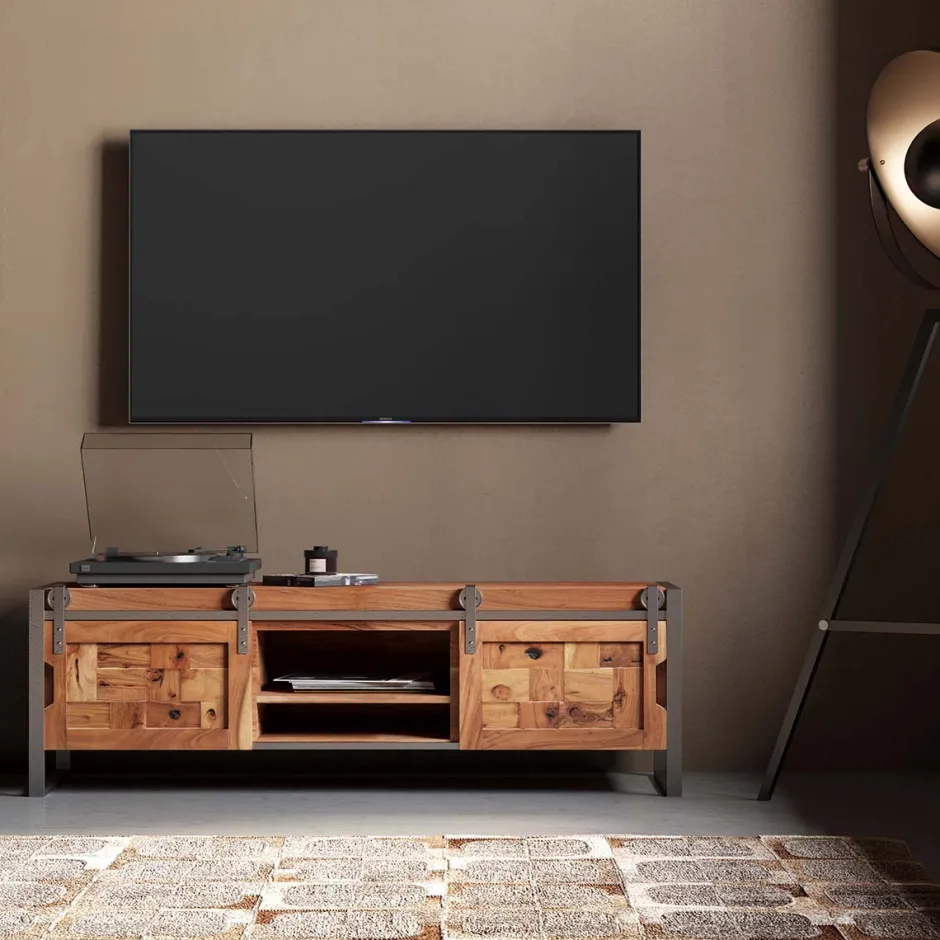 Szafka RTV Drzwi Przesuwne Drewno Akacjowe Nogi Stalowe 145x45 Cm*KARE Design Best