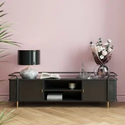 Szafka RTV Stalowa Czarna Blat Szklany 160x48 Cm*KARE Design Online