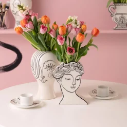 Wazon Ceramiczny Biały Motyw Kobiety Ø19x30 Cm*KARE Design New