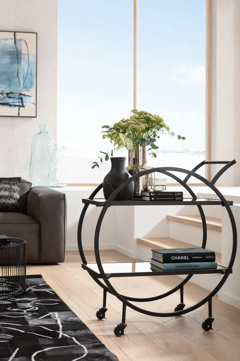 Wózek Barowy Loft 74x85 Cm Czarny Półki Szklane*KARE Design