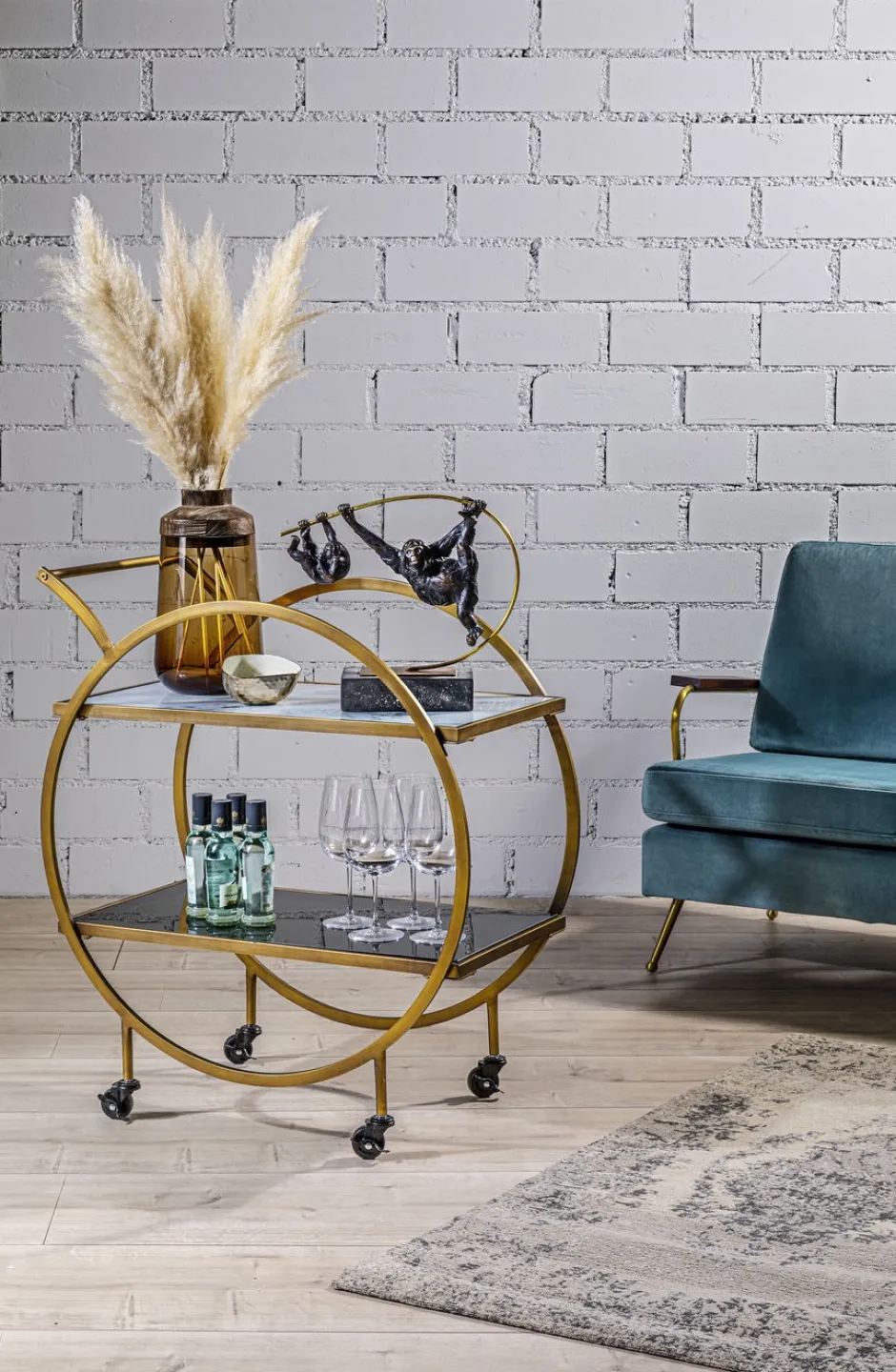 Wózek Barowy Loft 74x85 Cm Mosiężny Półki Szklane*KARE Design Hot