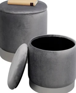 Zestaw Dwóch Puf Tapicerowanych Ze Schowkiem Szare Podstawy Srebrne*KARE Design Discount