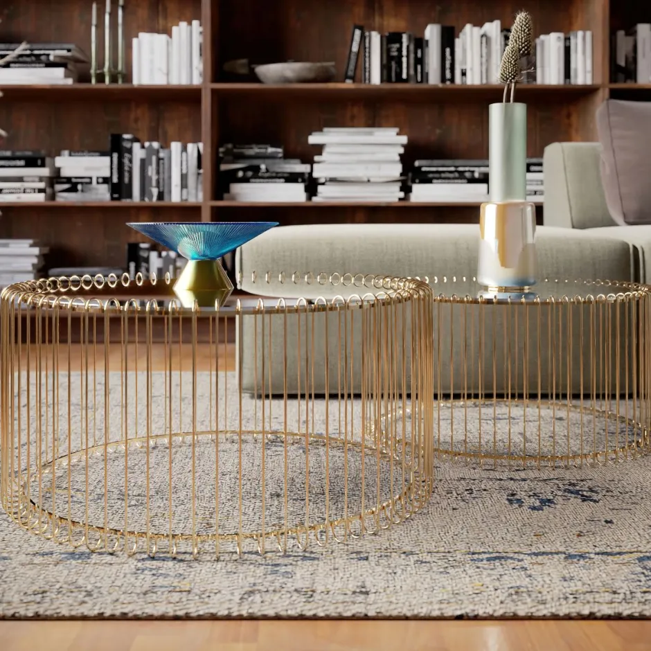 Zestaw Dwóch Stolików Kawowych Wire Mosiężne*KARE Design Hot