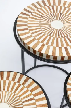 Zestaw 3 Stolików Blaty Okrągłe Biało-naturalne Podstawa Czarna Stalowa*KARE Design Discount