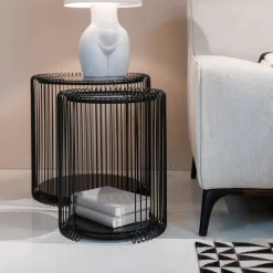 Zestaw 2 Stolików Pomocniczych Czarnych Blaty I Półki Szklane Rama Stalowa*KARE Design Online